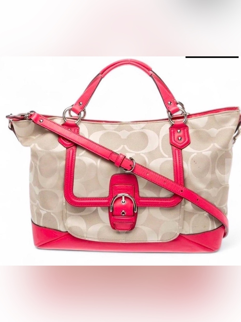 Coach Campbell Signature Carryall Beige and Hot pink (cherry coral)